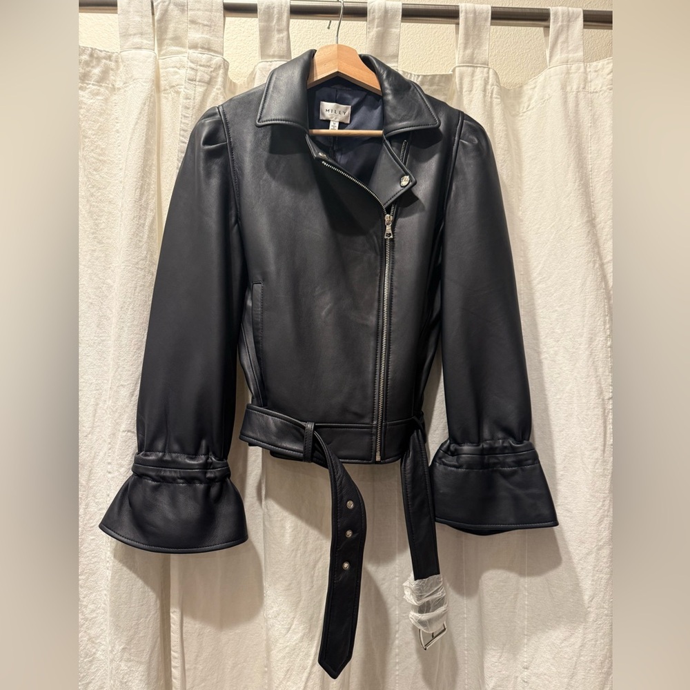 Milly Yvonna Black Leather Jacket with Flared Sleeves Size Medium